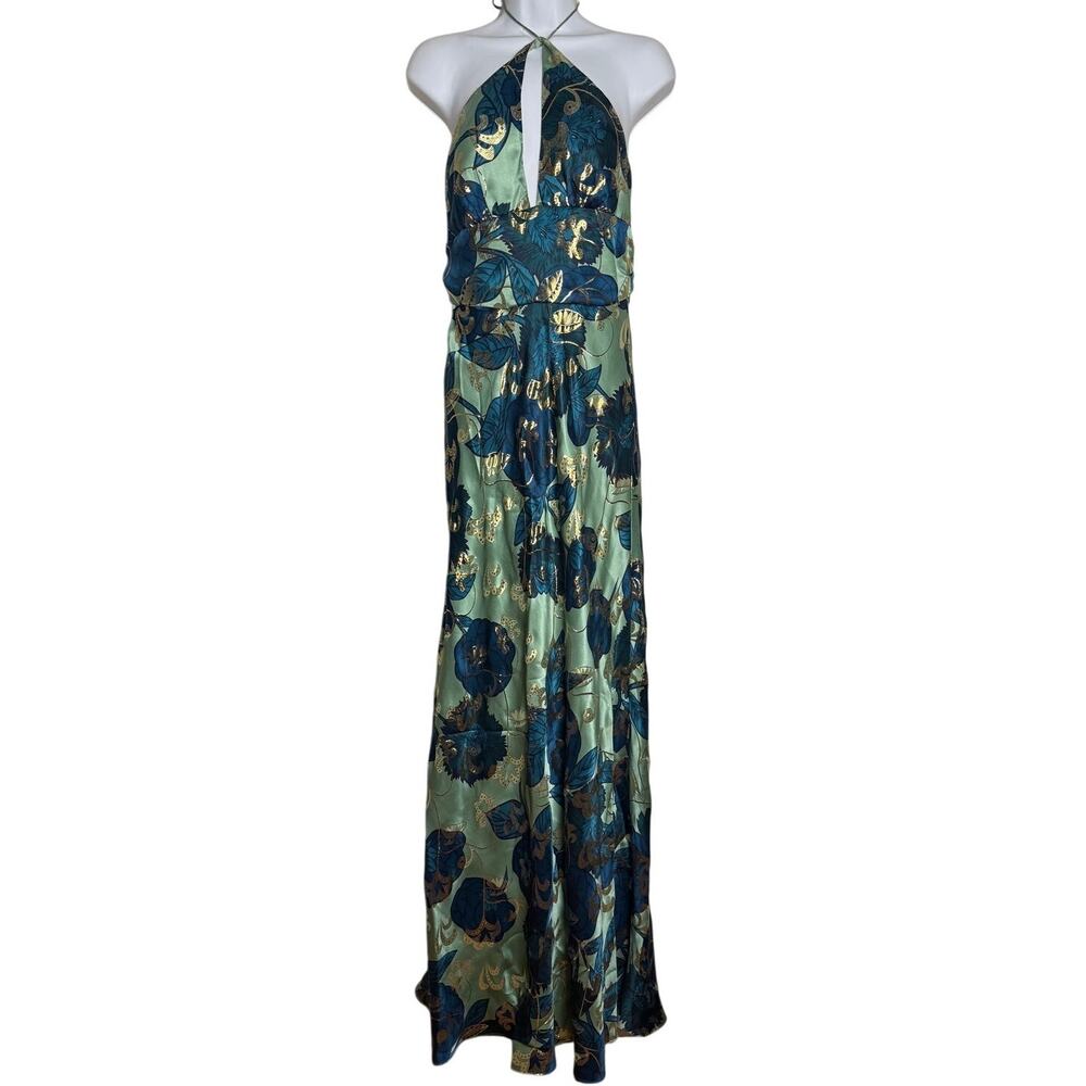 Nicole Miller Collection Green Blue Gold Sleeveless Leaf Design Silk Gown Sz. 10